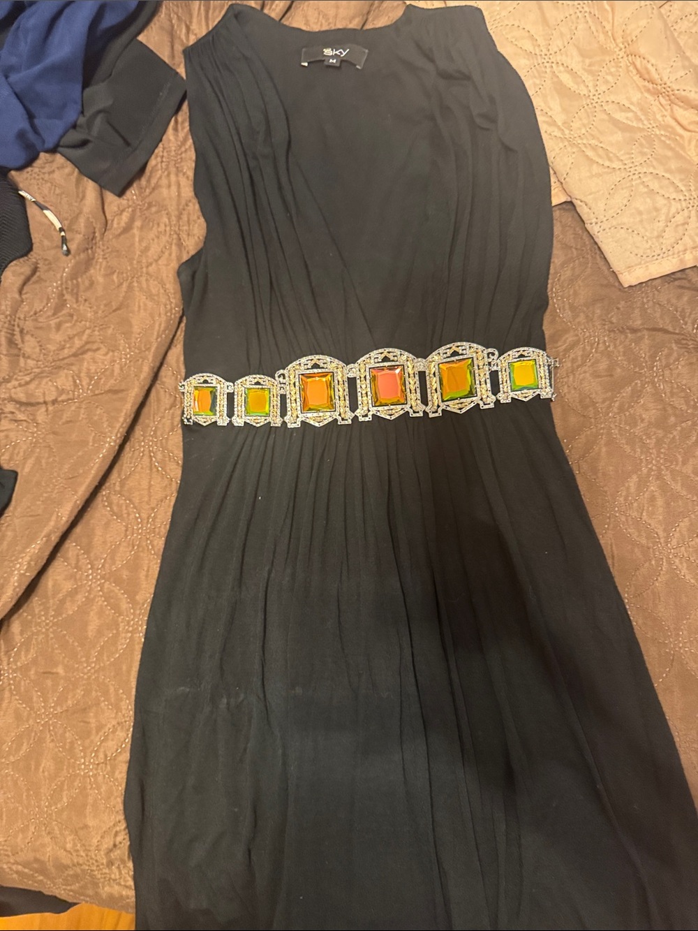 Sky Black Sleeveless Dress with Yellow and Orange Gemstone Belt